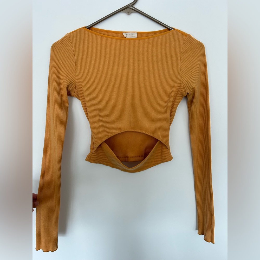 ZARA Mustard Yellow Long Sleeve Cropped Sweater With Middle Cutout Size M